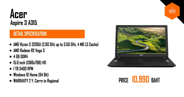 Acer Aspire 3 A315-R3EU ซีพียู AMD Ryzen 3 3200U / Radeon RX Vega 3 ...