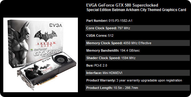 EVGA GeForce GTX 580 Batman Arkham City-spec