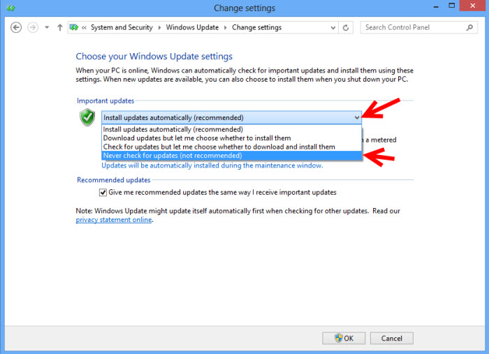 how to stop automatic updates windows 8