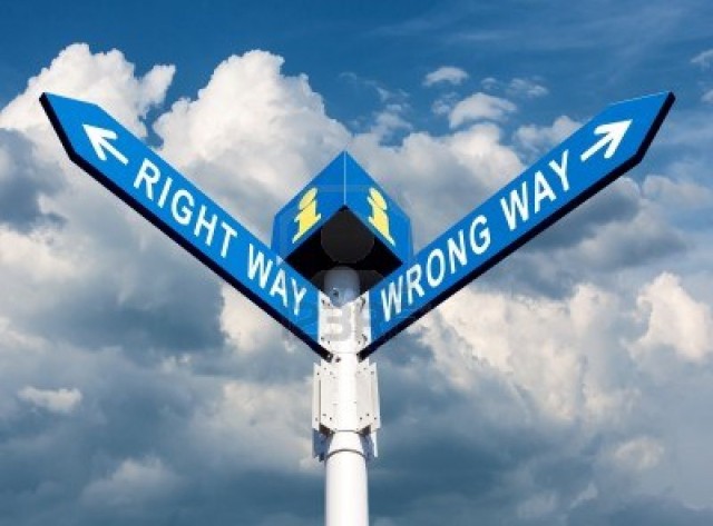 15783259 wrong way and right way traffic sign on sky background
