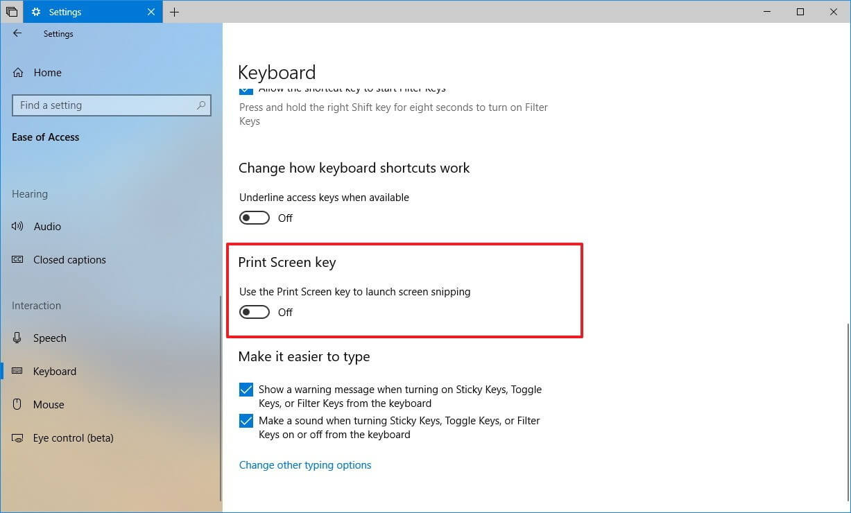 print screen key option windows 10 redstone 5