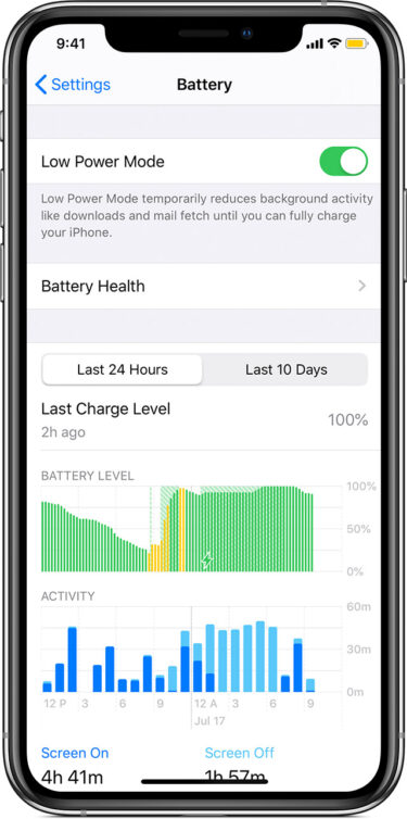 ios13 iphone xs settings battery low power mode on