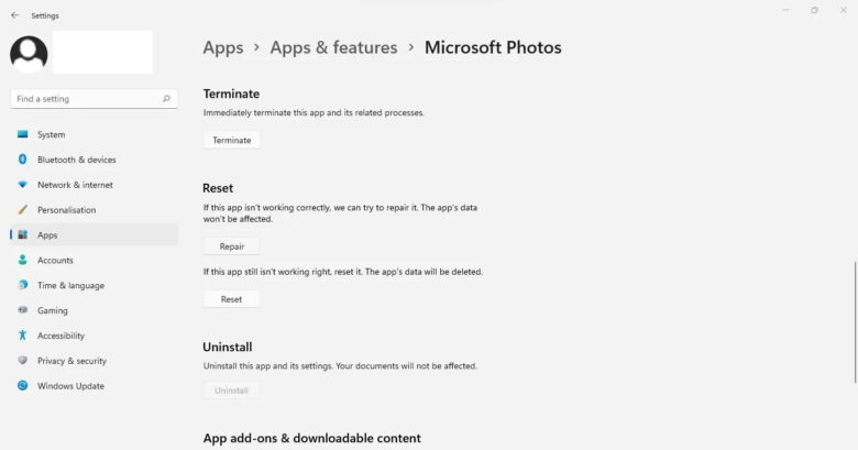 Image 2 Clicking on the Repair Button under Reset Option in the Advanced Options Settings of Microsoft Photos App in Windows Settings App