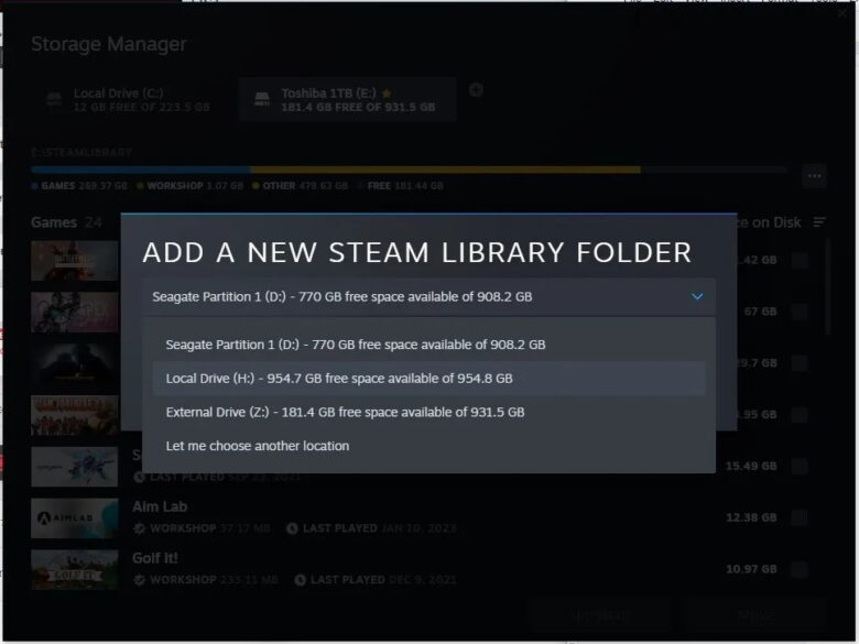 adding new steam library folder