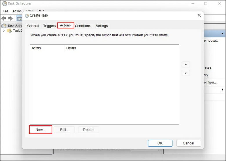 task scheduler create task actions new