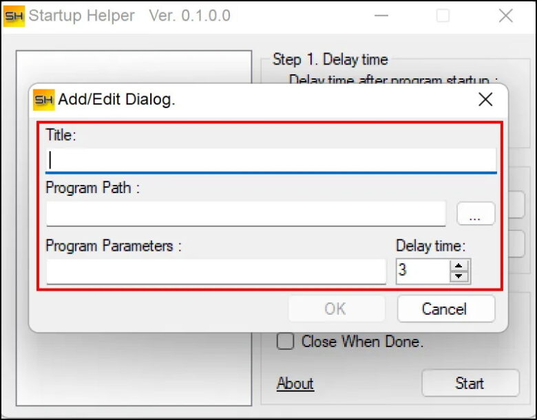 windows startup helper add edit dialog