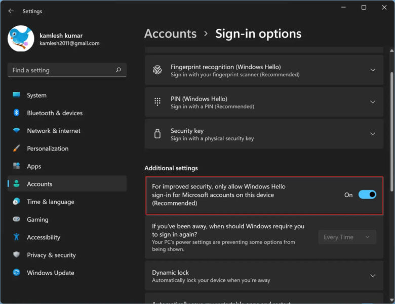 Settings For improved security only allow Windows Hello sign in for Microsoft accounts on this device 1536x1185 1