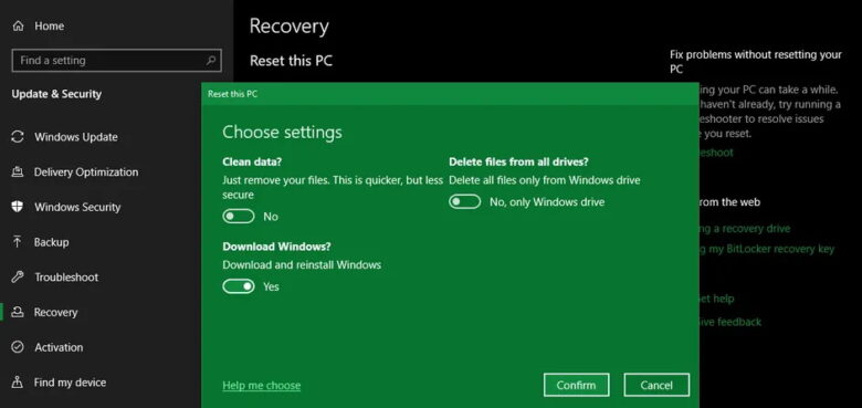 Windows 10 Reset PC Options