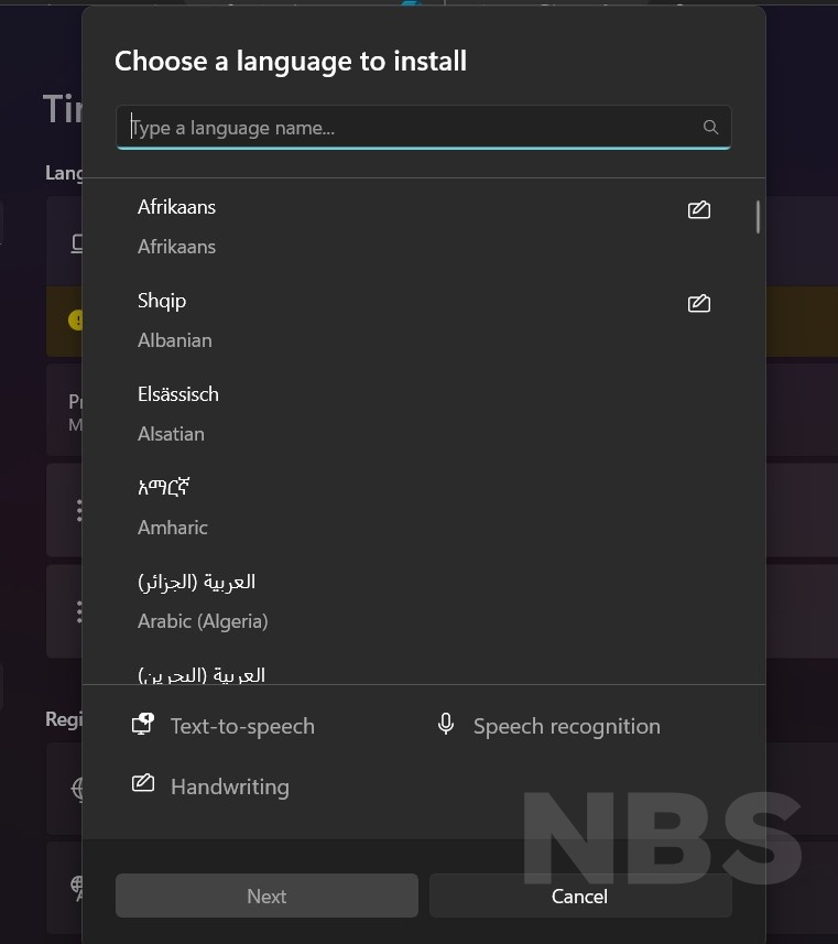 ค้นหาภาษา Windows เพื่อเพิ่มภาษา