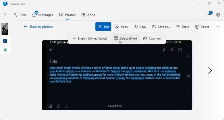 phone link photos tab with the text extraction feature enabled