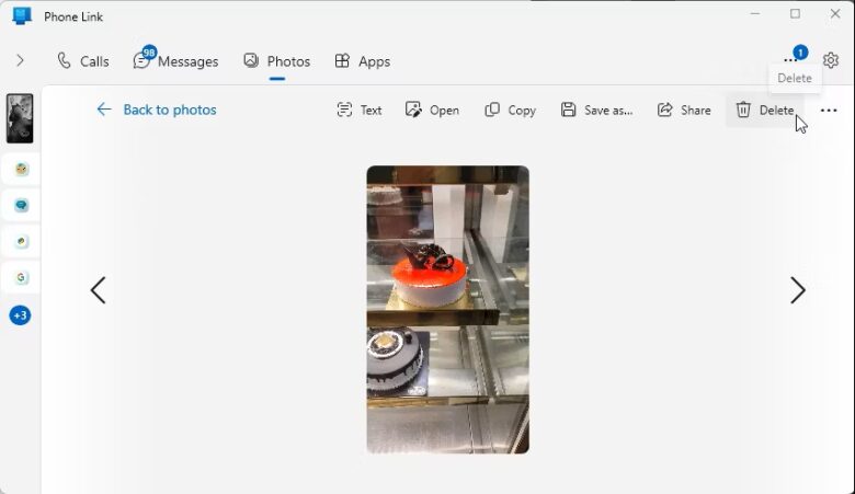 phone link s photos tab with the delete option highlighted