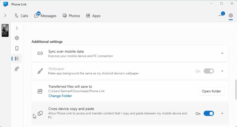 phone link settings with the cross device copy and paste option enabled