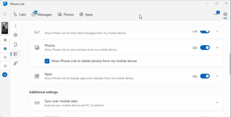 phone link settings with the features tab open and photos option expanded