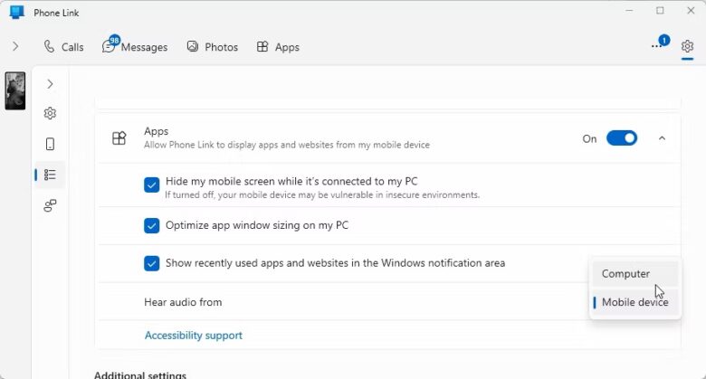 phone link settings with the hear audio from option highlighted