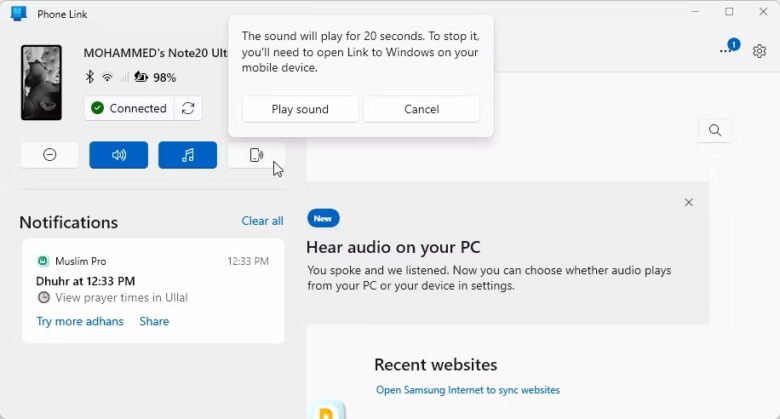 phone link with the play sound option in highlight on windows 11