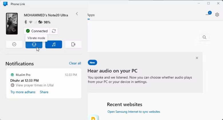 phone link with the silent sound profile enabled on windows 11