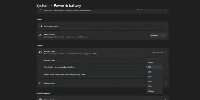 settings page showing battery saver option in windows 11