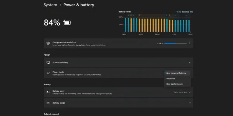 settings page showing power mode option in windows 11