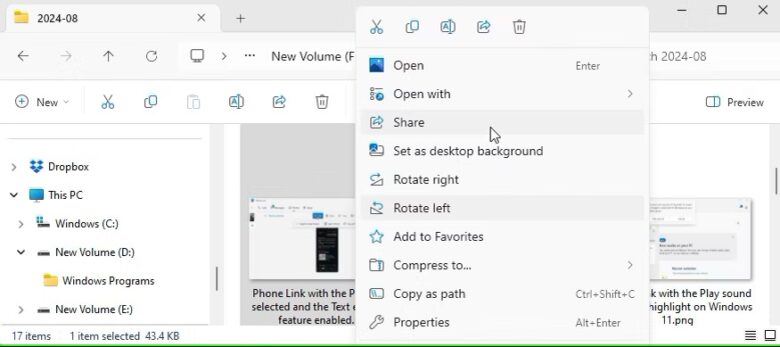 share feature highlighted when right click on a file in file explorer on windows 11