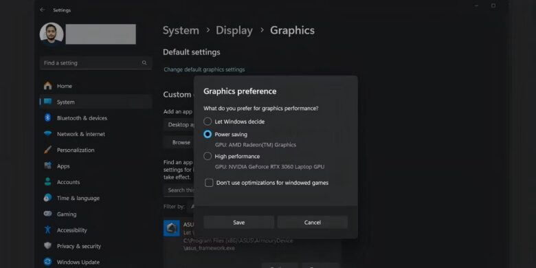 windows 11 settings page showing the graphics options