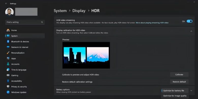 windows 11 settings page showing the hdr streaming options