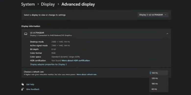 windows 11 settings page showing the refresh rate adjustment option