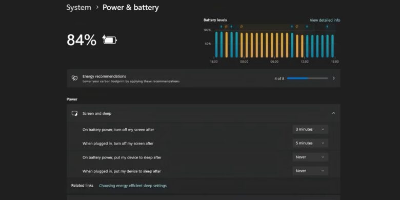 windows 11 settings page showing the screen and sleep settings