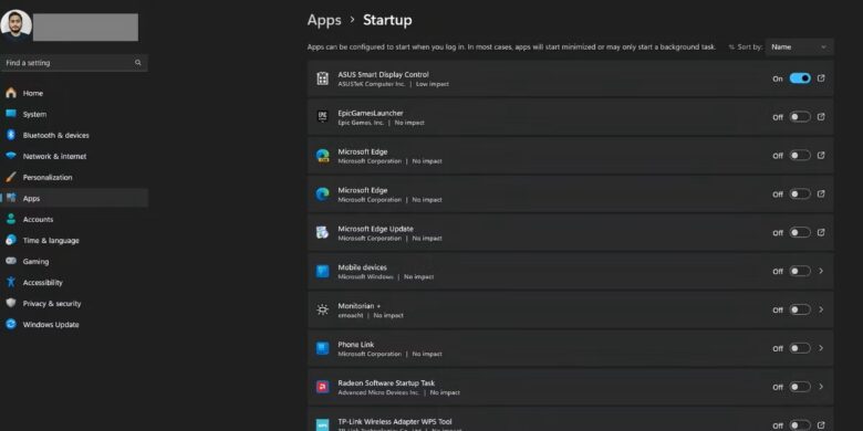 windows 11 settings page showing the startup apps option 1