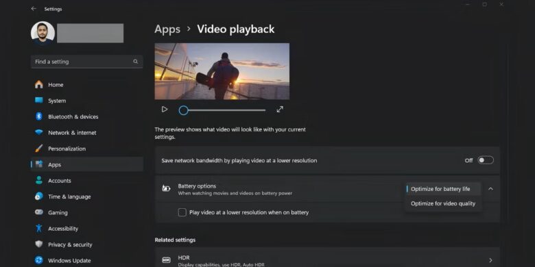 windows 11 settings page showing the video playback options 1