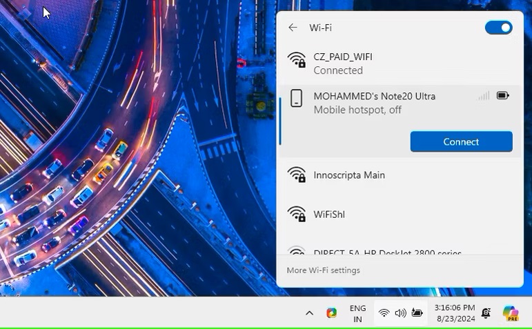 windows 11 wifi list with the instant hotspot device listed