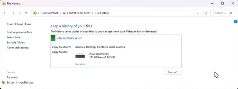file history set to on windows 11