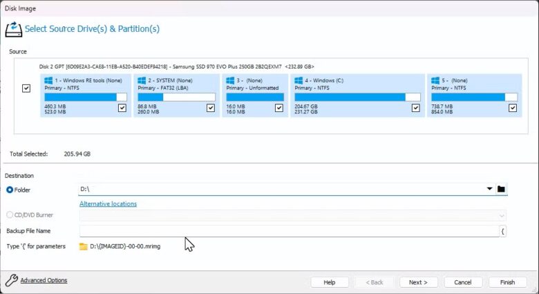 the disk image dialog in macrium reflect in windows 11