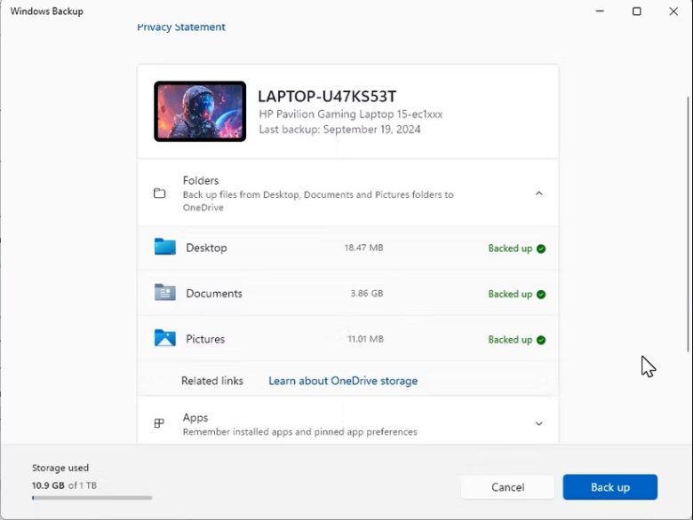 the windows backup home screen in windows 11