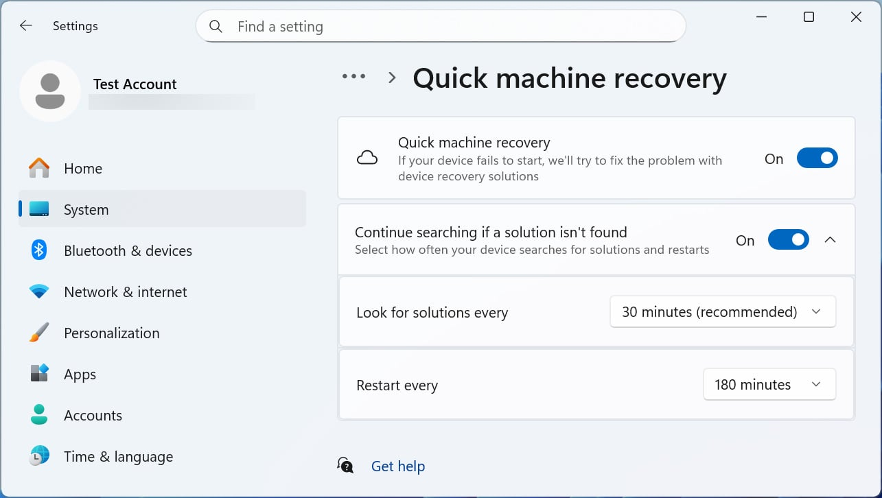 Quick Machine Recovery settings