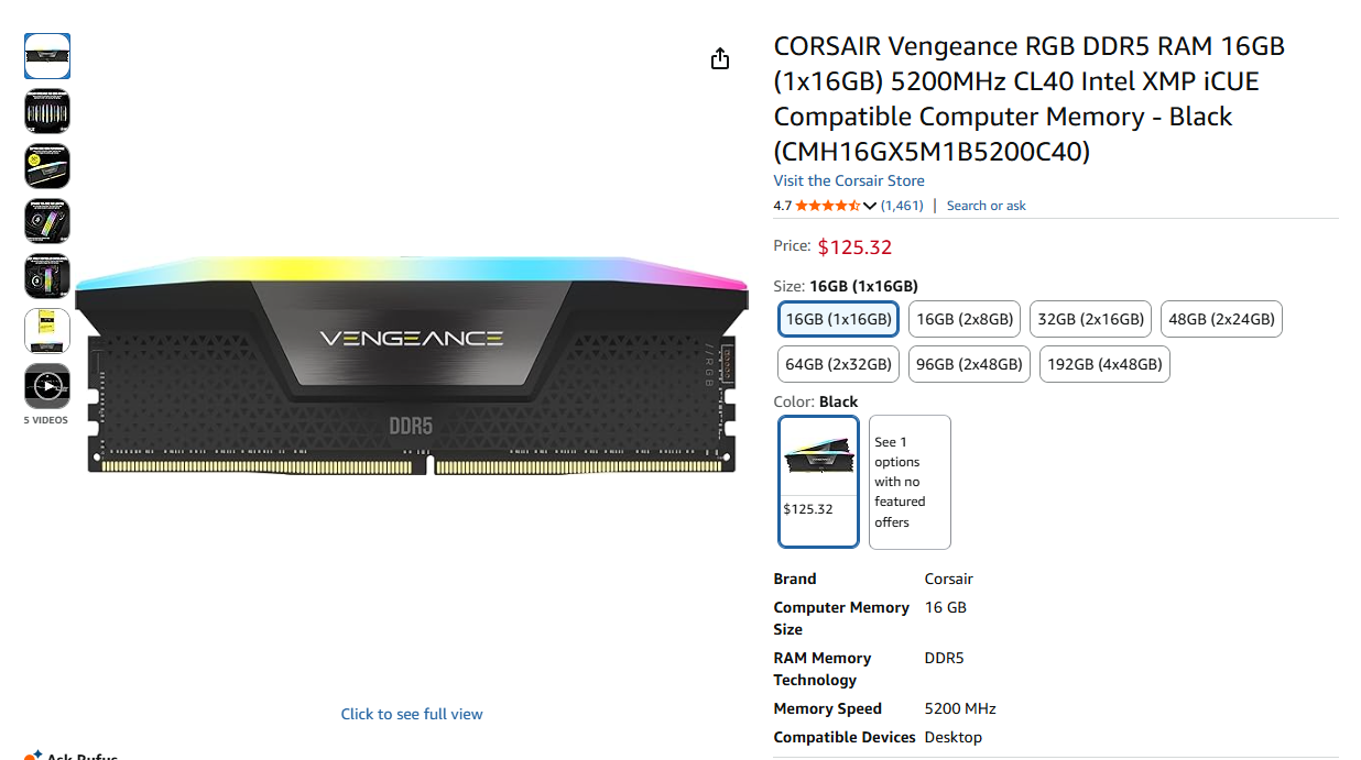 Corsair Vengeance RGB DDR5 16GB us price