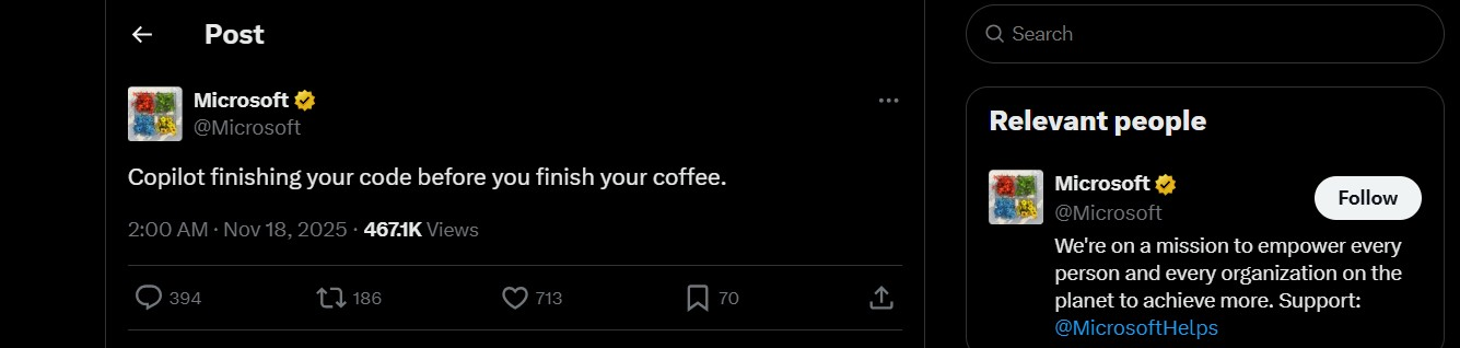 Microsoft says Copilot codes faster than you drink coffee