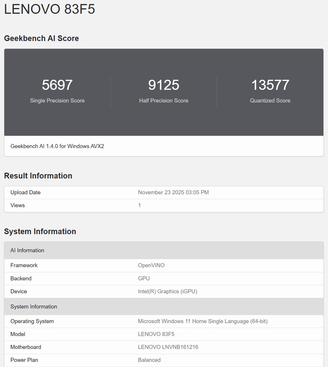 Geekbench AI OpenVINO 1