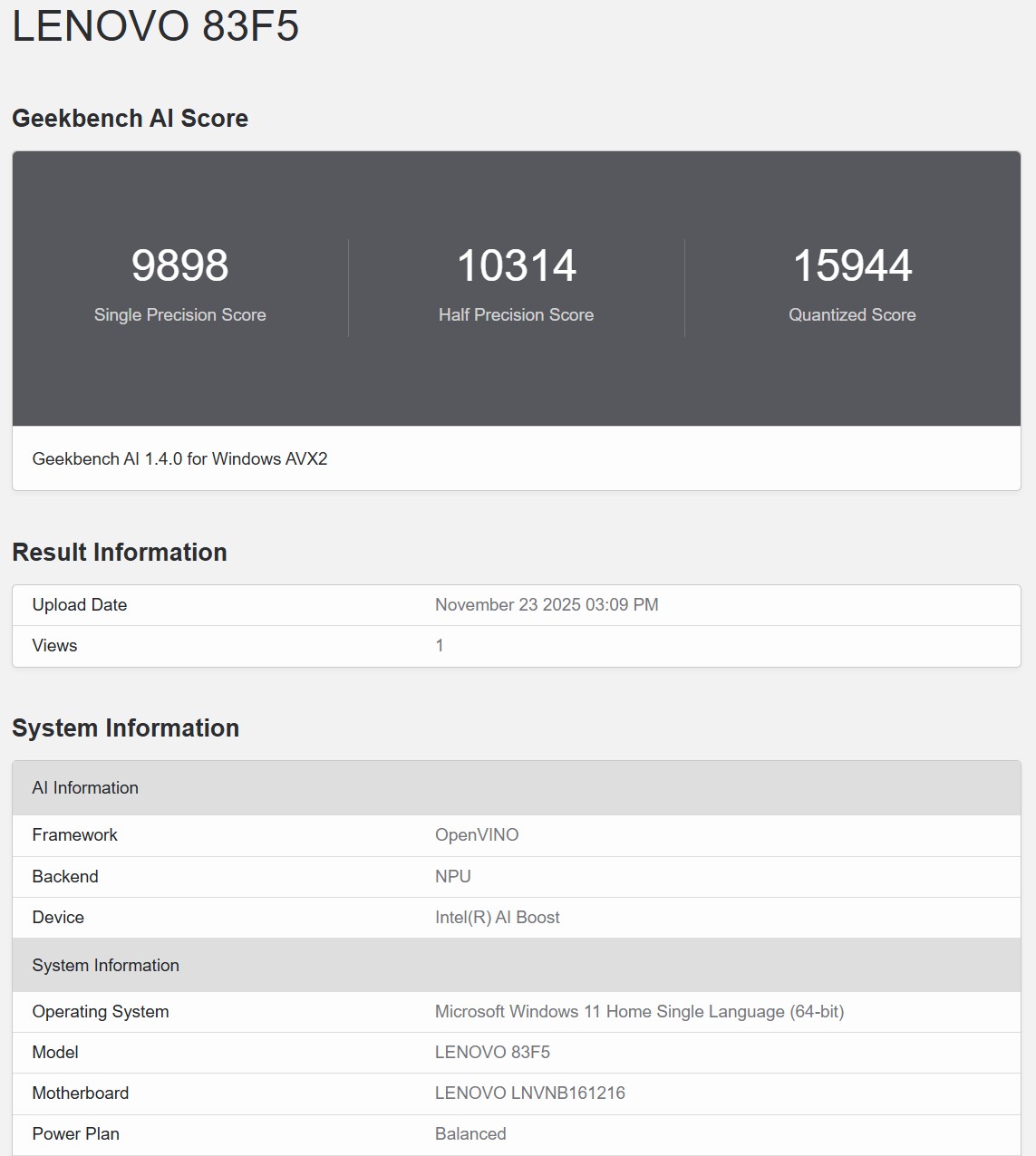 Geekbench AI OpenVINO NPU