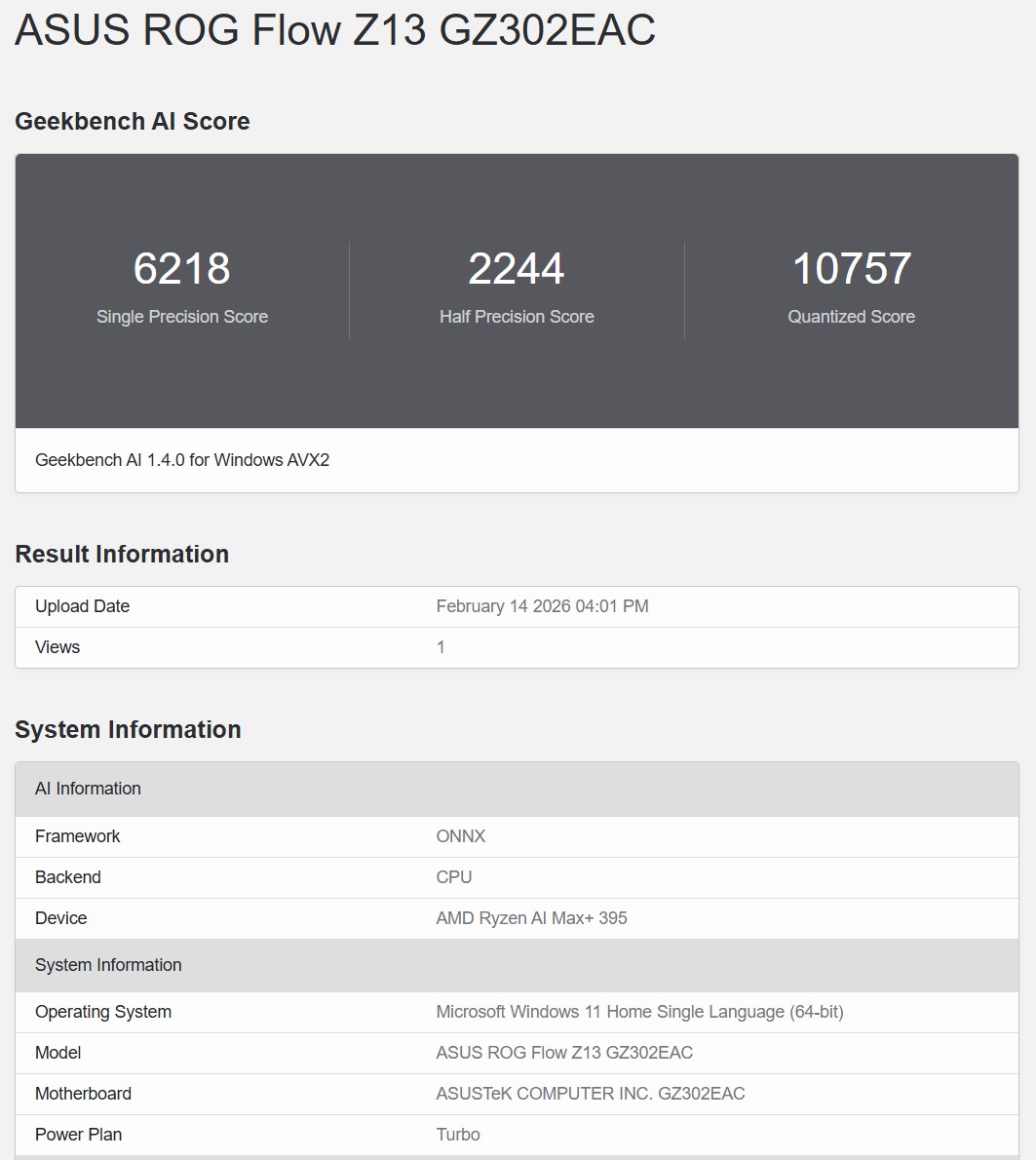 Geekbench AI ONNX 1