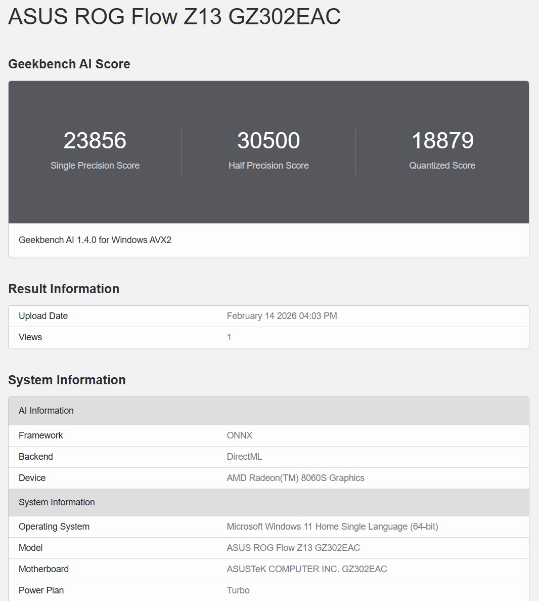 Geekbench AI ONNX DirectML 1