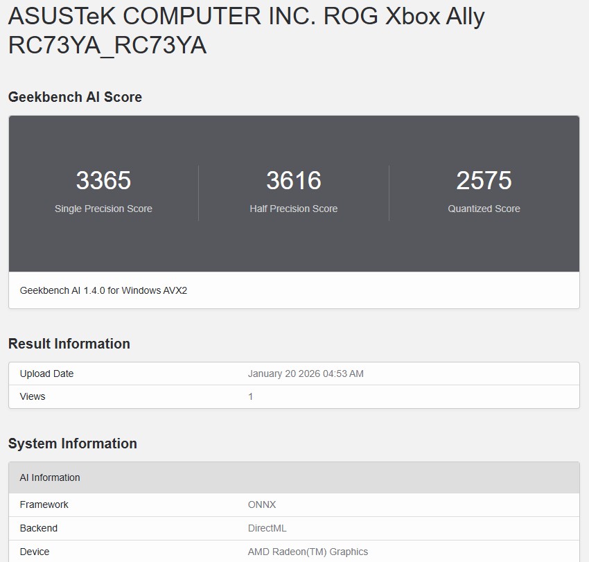 Geekbench AI ONNX DirectML