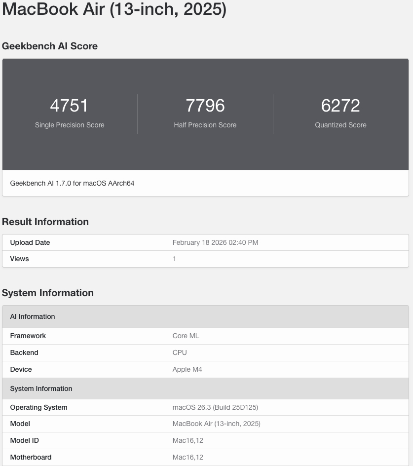 Geekbench AI CPU Core ML