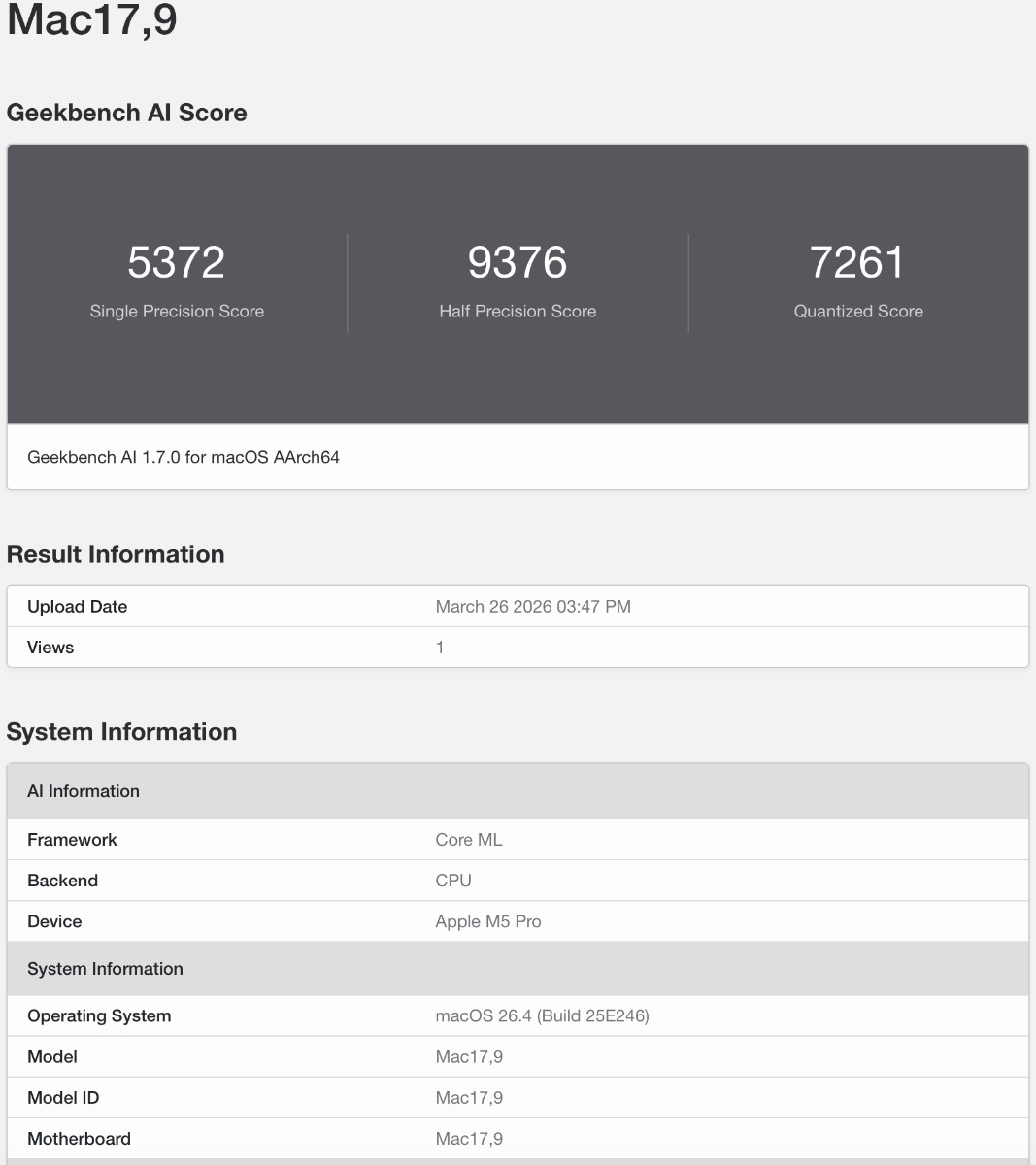 Geekbench AI CPU Core ML 1