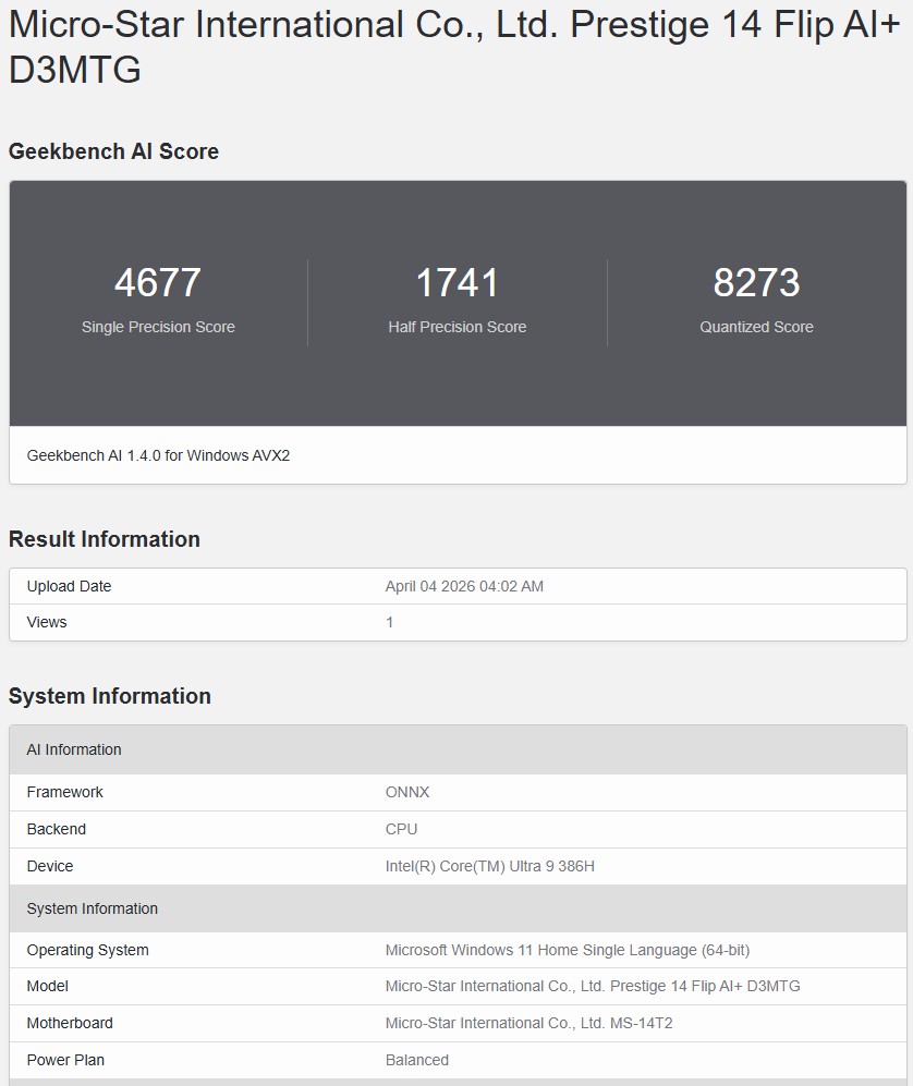 Geekbench AI ONNX 1