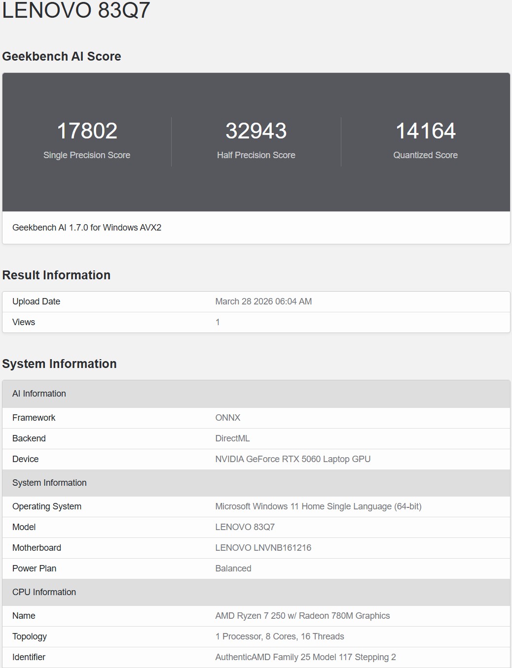 Geekbench AI ONNX DirectML 1