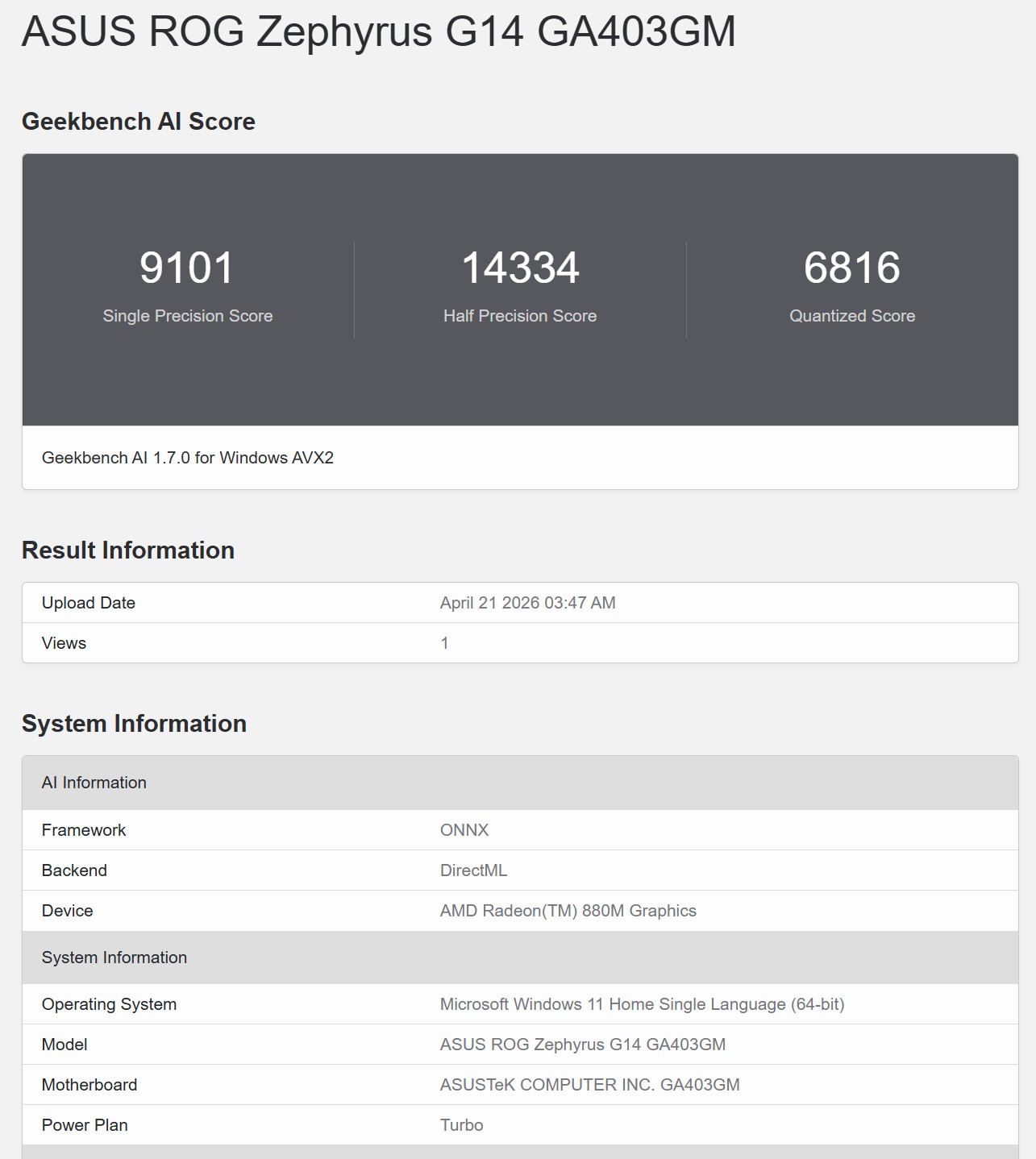 Geekbench AI ONNX DirectML 3
