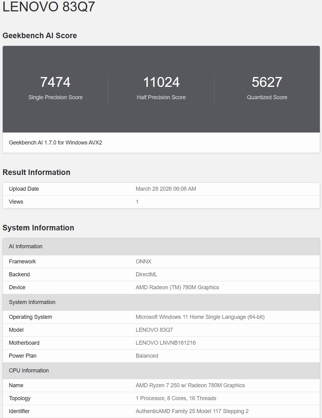 Geekbench AI ONNX DirectML
