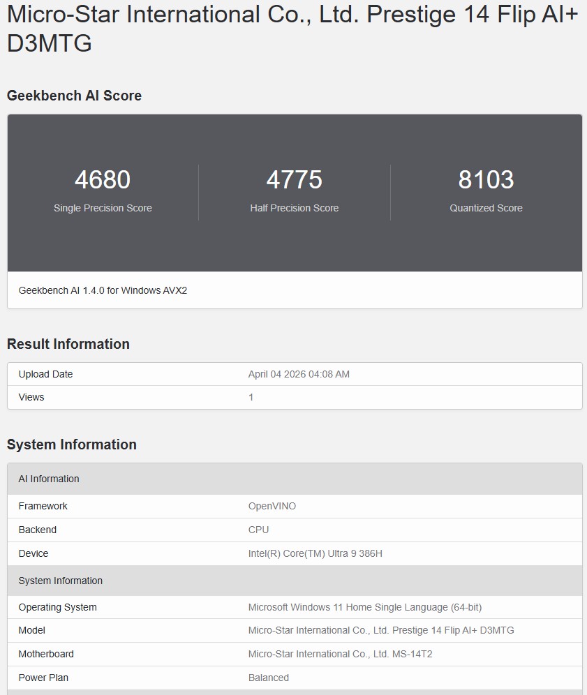 Geekbench AI OpenVINO 1