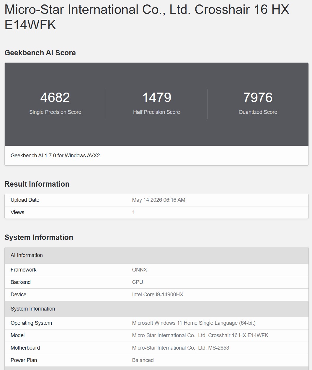 Geekbench AI ONNX CPU