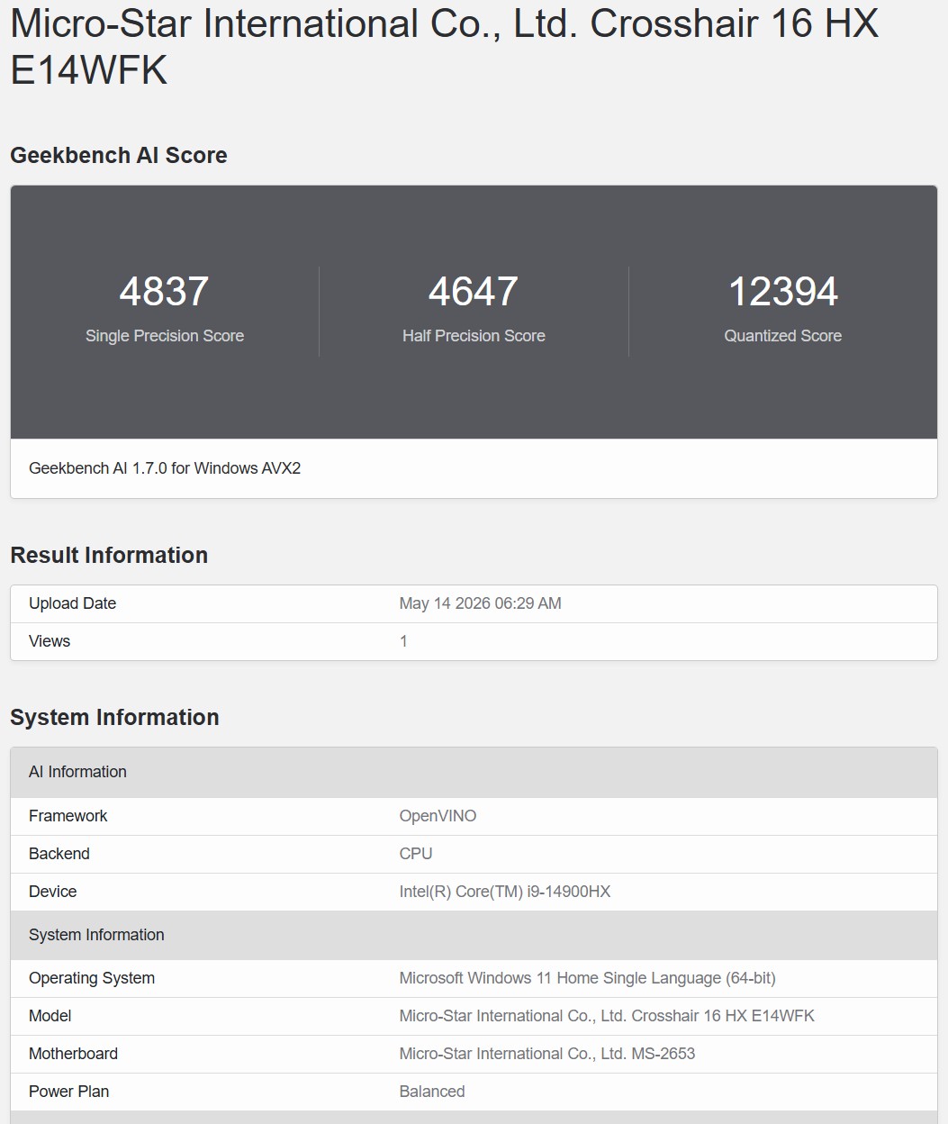 Geekbench AI OpenVINO 2